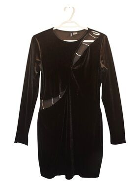 Black Velvet Long-Sleeve Cutout Dress with Rhinestone Detail